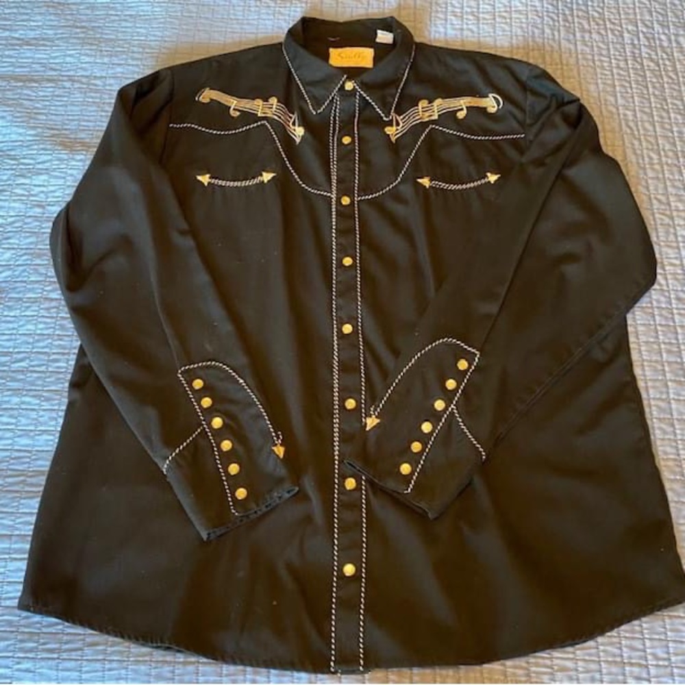 Scully Western Shirt with Pearl Snap Buttons and Embroidered Gold Musical Notes